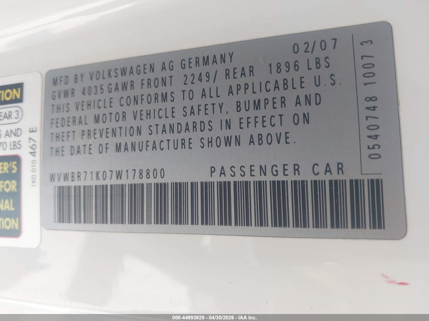 2007 Volkswagen Rabbit 2-Door VIN: WVWBR71K07W178800 Lot: 44993929