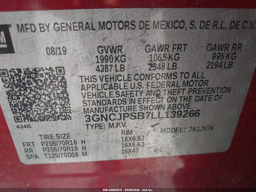 VIN 3GNCJPSB7LL139266 2020 CHEVROLET TRAX AWD LT