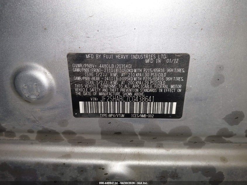2012 Subaru Forester 2.5 2.5X grey Lot 111044994134 Vin JF2SHABC7CG438641