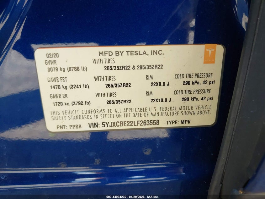 2020 Tesla Model X Long Range Dual Motor All-Wheel Drive/Long Range Plus Dual Motor All-Wheel Drive VIN: 5YJXCBE22LF263558 Lot: 44994230
