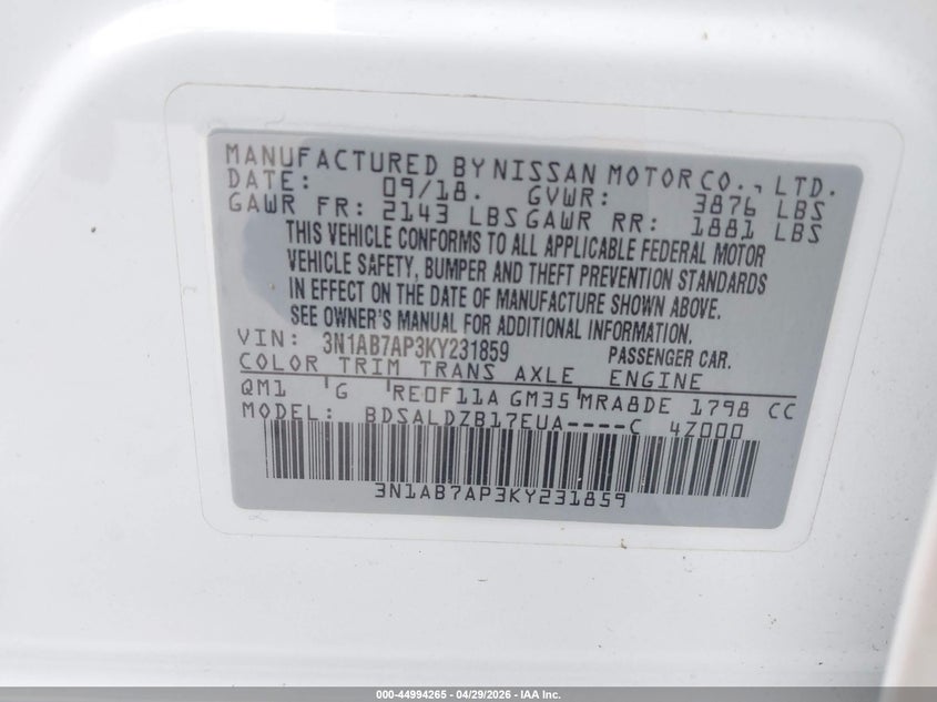 VIN 3N1AB7AP3KY231859 2019 NISSAN SENTRA SV