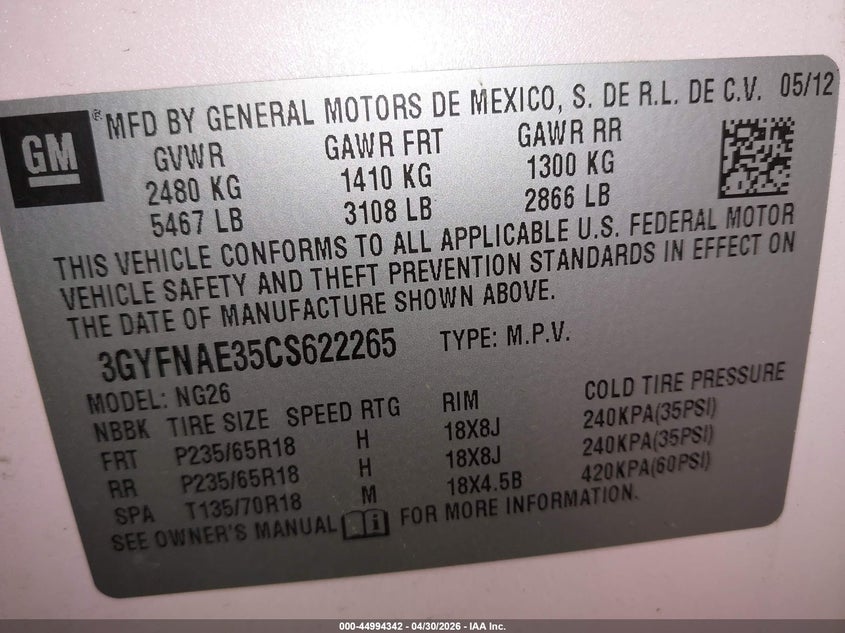 3GYFNAE35CS622265 2012 Cadillac Srx 3.6 Luxury Collection Pink