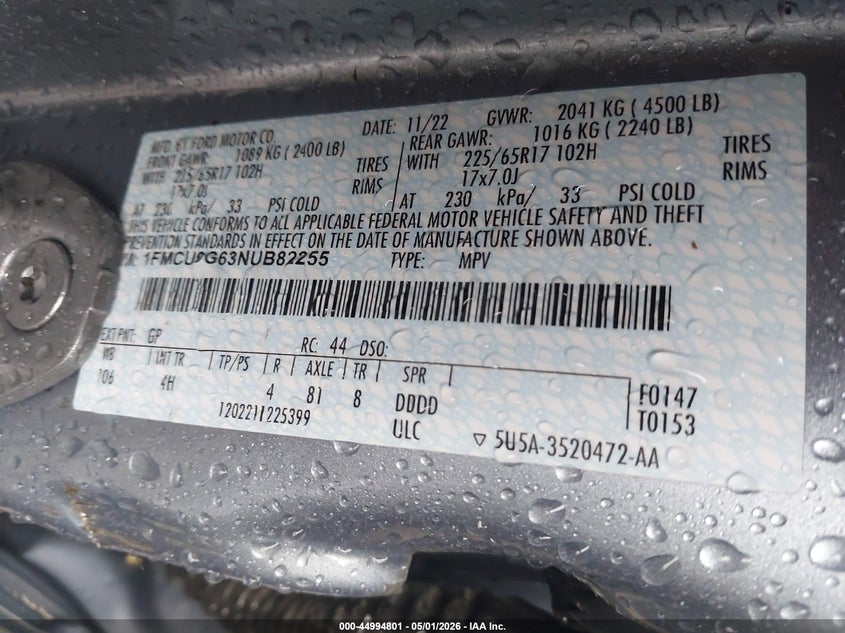VIN 1FMCU9G63NUB82255 2022 FORD ESCAPE SE