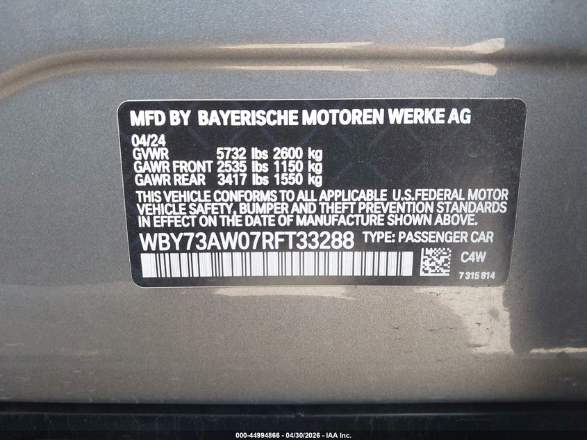 2024 BMW I4 Gran Coupe Edrive40 VIN: WBY73AW07RFT33288 Lot: 44994866