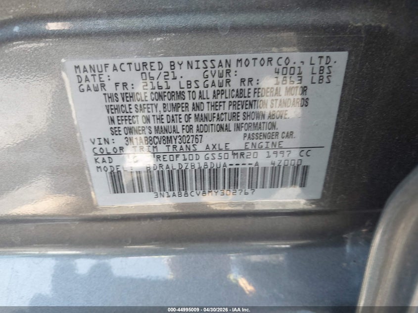 VIN 3N1AB8CV8MY302767 2021 NISSAN SENTRA SV XTRONIC CVT