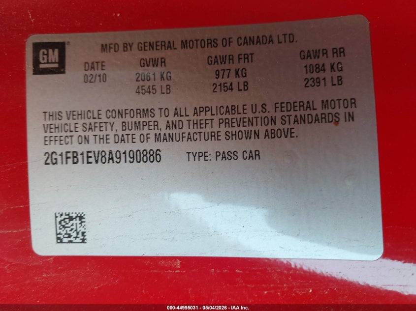 2010 Chevrolet Camaro 3.6 1Lt red Lot 111044995031 Vin 2G1FB1EV8A9190886