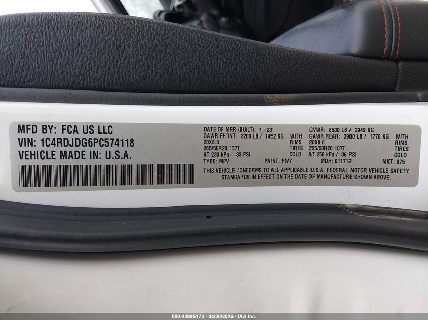 2023 DODGE DURANGO VIN: 1C4RDJDG6PC574118