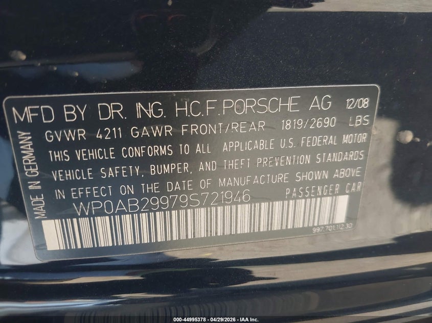 2009 Porsche 911 Carrera 4S/Carrera S VIN: WP0AB29979S721946 Lot: 44995378