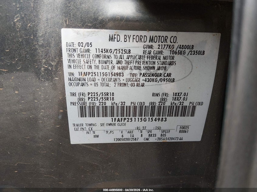 2005 Ford Five Hundred Limited VIN: 1FAFP25115G154983 Lot: 44995800