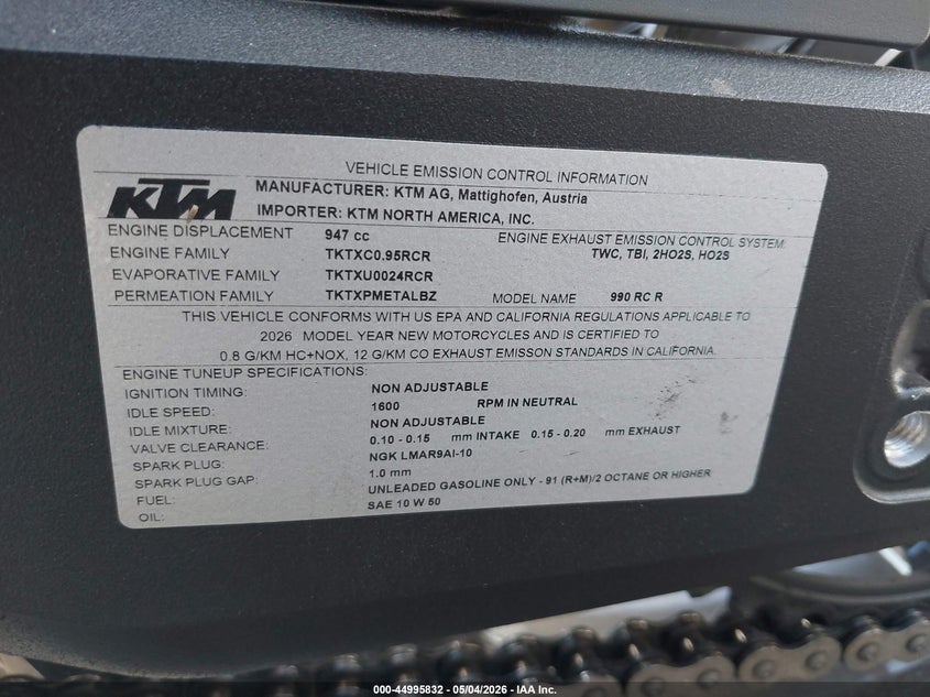 2026 Ktm 990Rcr VIN: VBKR99409TM911936 Lot: 44995832