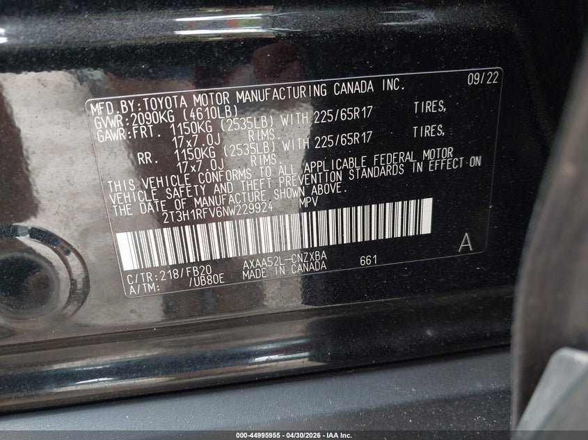 VIN 2T3H1RFV6NW229924 2022 TOYOTA RAV4 LE