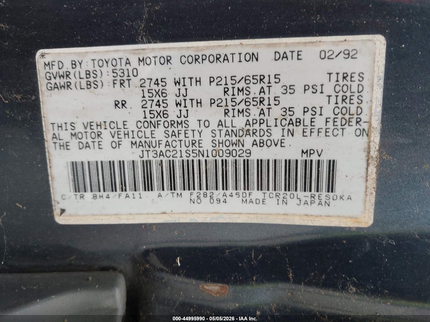 1992 Toyota Previa Dlx VIN: JT3AC21S5N1009029 Lot: 44995990