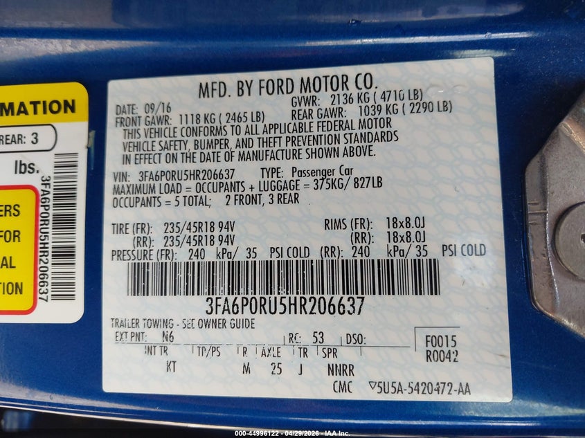 2017 FORD FUSION SEDAN 2.0L I-4 DOHC, VVT, 141HP