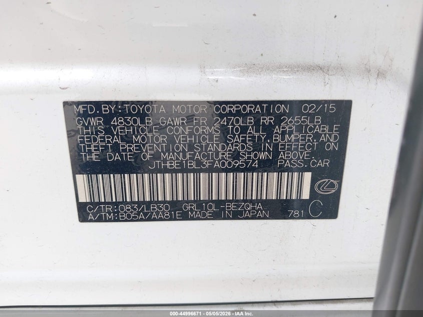 2015 Lexus Gs 350 VIN: JTHBE1BL3FA009574 Lot: 44996671