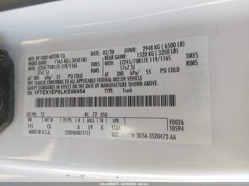 VIN 1FTEX1EP8LKE06954 2020 FORD F-150 XL