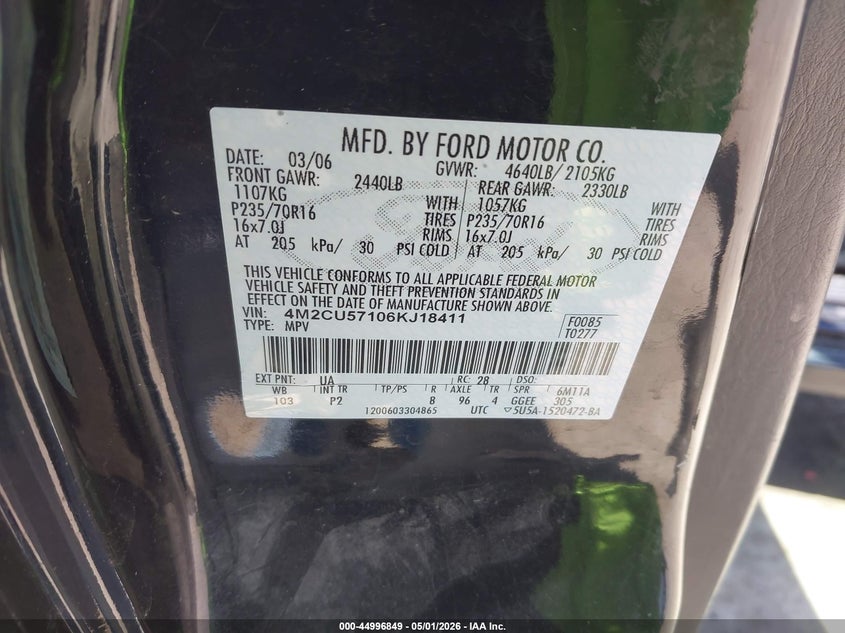 2006 Mercury Mariner Luxury/Premier VIN: 4M2CU57106KJ18411 Lot: 44996849