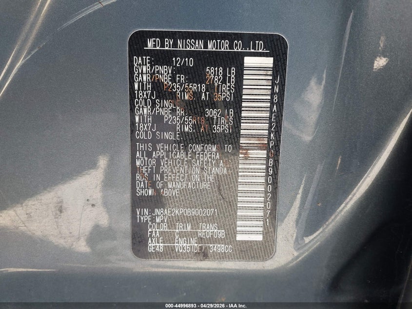 2011 Nissan Quest Sl VIN: JN8AE2KP0B9002071 Lot: 44996893