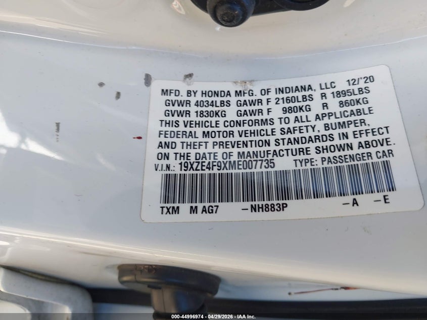 2021 Honda Insight Touring VIN: 19XZE4F9XME007735 Lot: 44996974