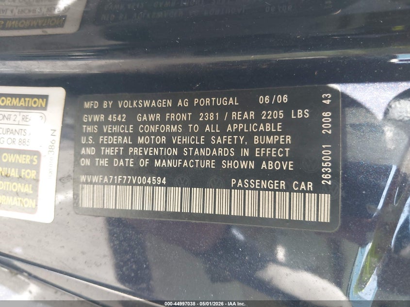 2007 Volkswagen Eos 2.0T VIN: WVWFA71F77V004594 Lot: 44997038