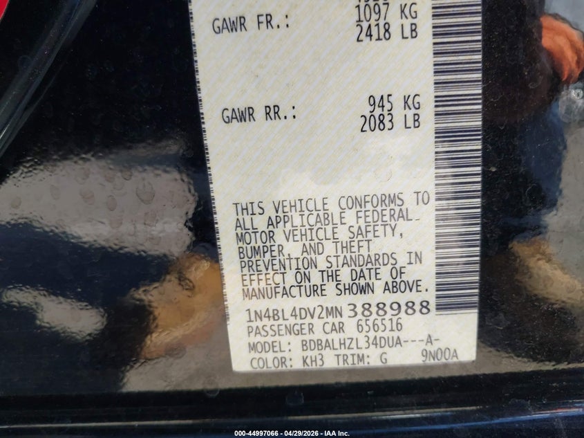 VIN 1N4BL4DV2MN388988 2021 NISSAN ALTIMA SV FWD