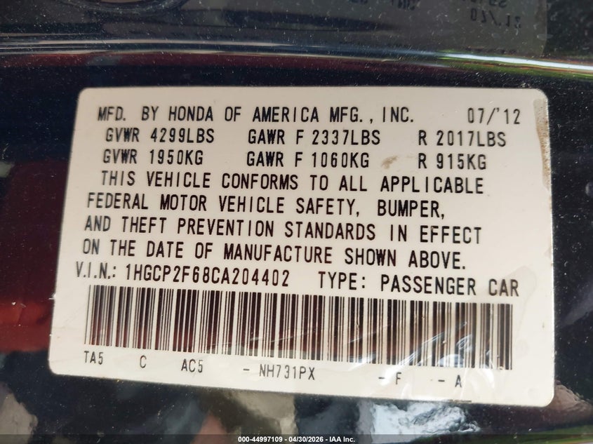2012 Honda Accord 2.4 2.4 Se black Lot 111044997109 Vin 1HGCP2F68CA204402
