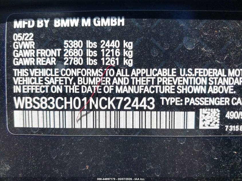 2022 BMW M5 VIN: WBS83CH01NCK72443 Lot: 44997179