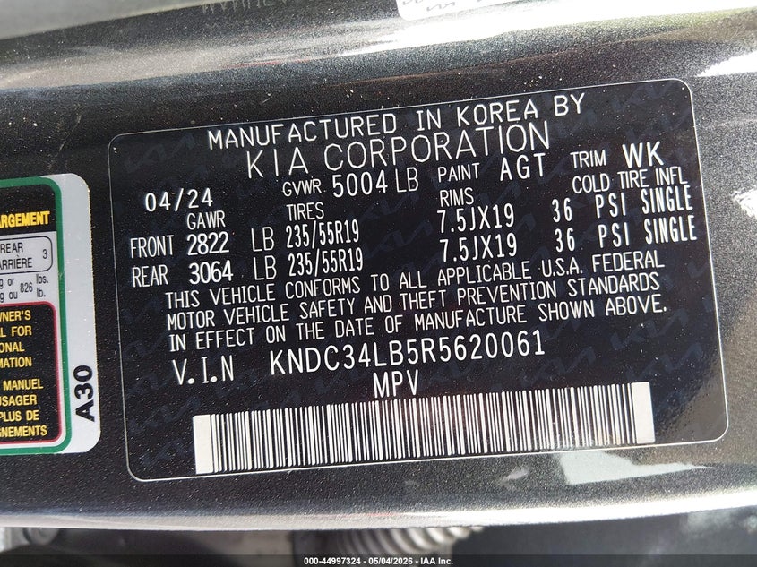 2024 Kia Ev6 Light VIN: KNDC34LB5R5620061 Lot: 44997324