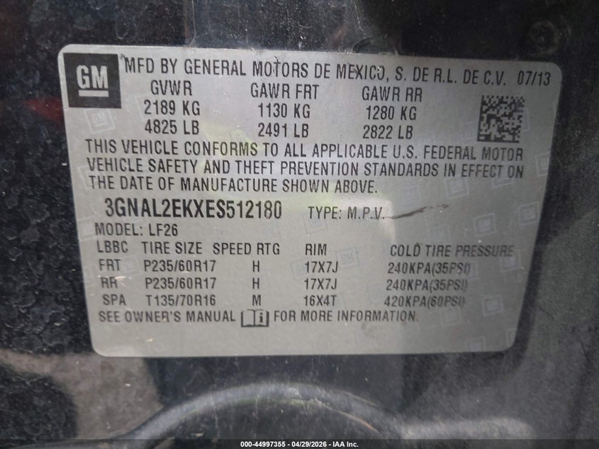 2014 Chevrolet Captiva Sport 2Ls VIN: 3GNAL2EKXES512180 Lot: 44997355