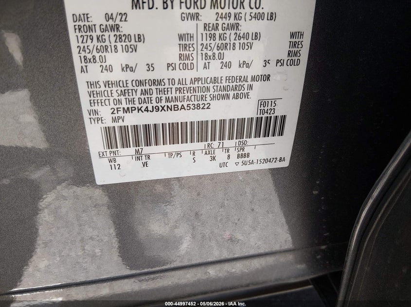 VIN 2FMPK4J9XNBA53822 2022 FORD EDGE SEL