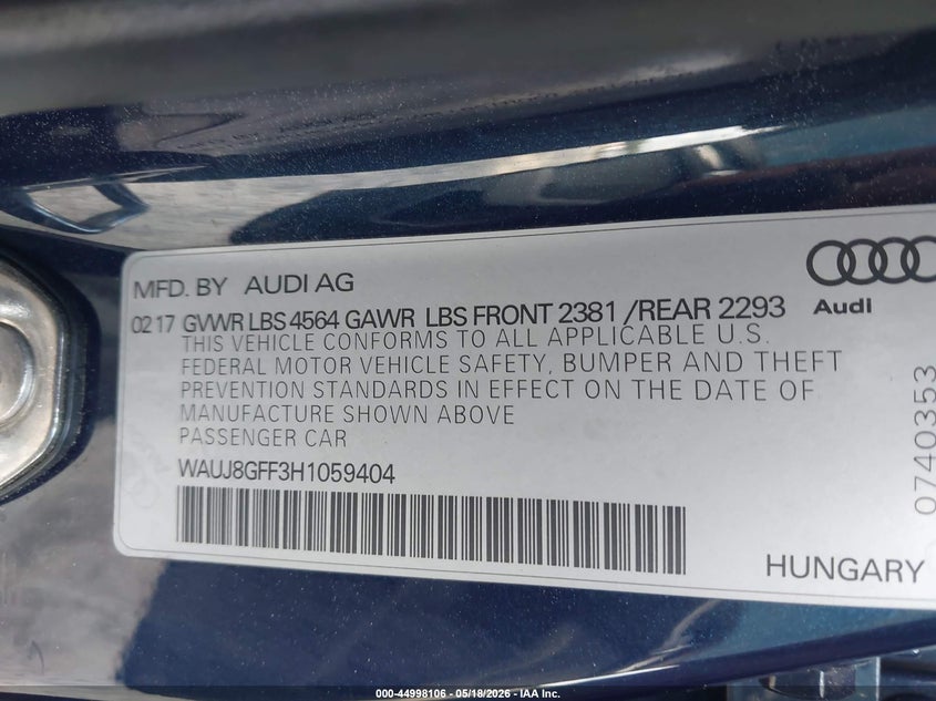 2017 Audi A3 2.0T Premium VIN: WAUJ8GFF3H1059404 Lot: 44998106