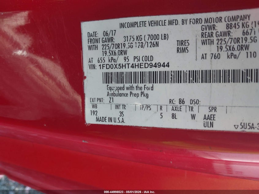 2017 Ford F550 F-550 Chassis Xlt red Lot 111044998523 Vin 1FD0X5HT4HED94944