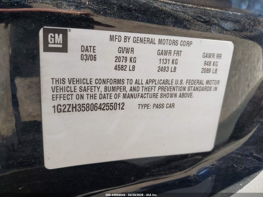 2006 Pontiac G6 Gt VIN: 1G2ZH358064255012 Lot: 44998544