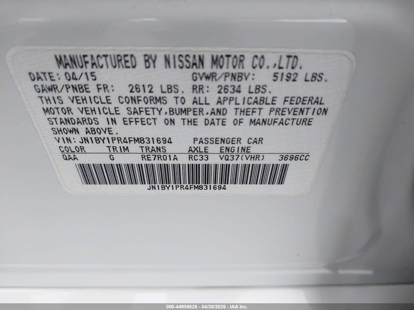 2015 Infiniti Q70L 3.7X VIN: JN1BY1PR4FM831694 Lot: 44998628