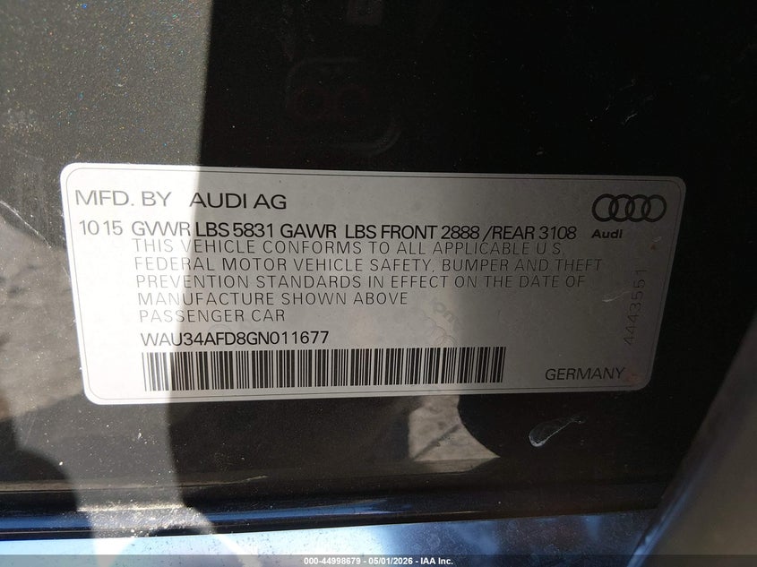 2016 Audi A8 L 3.0T VIN: WAU34AFD8GN011677 Lot: 44998679