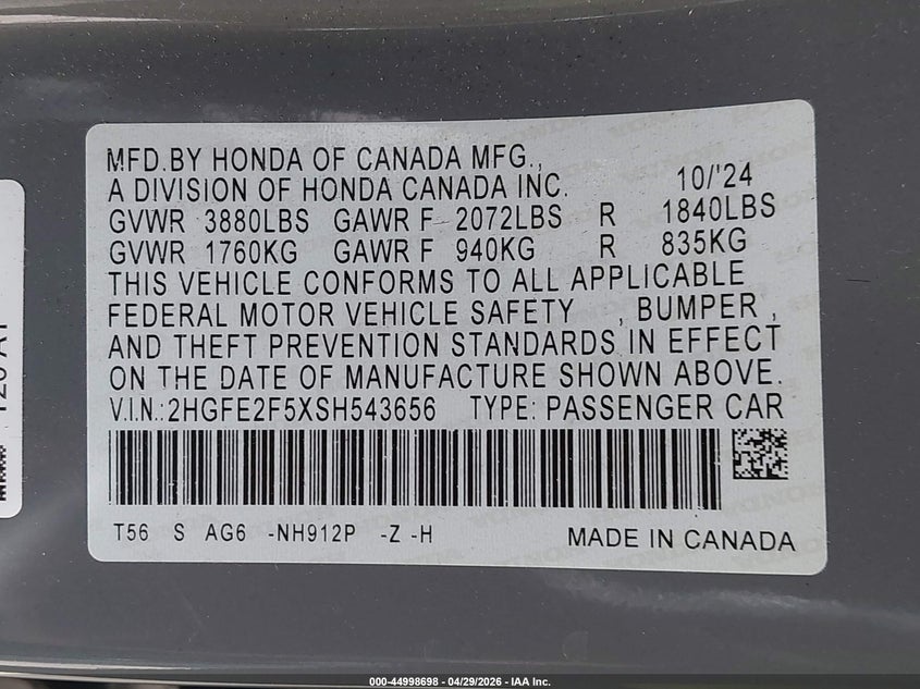 VIN 2HGFE2F5XSH543656 2025 HONDA CIVIC SPORT