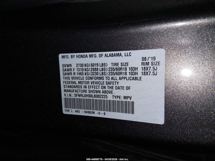 VIN 5FNRL6H88LB002225 2020 HONDA ODYSSEY TOURING