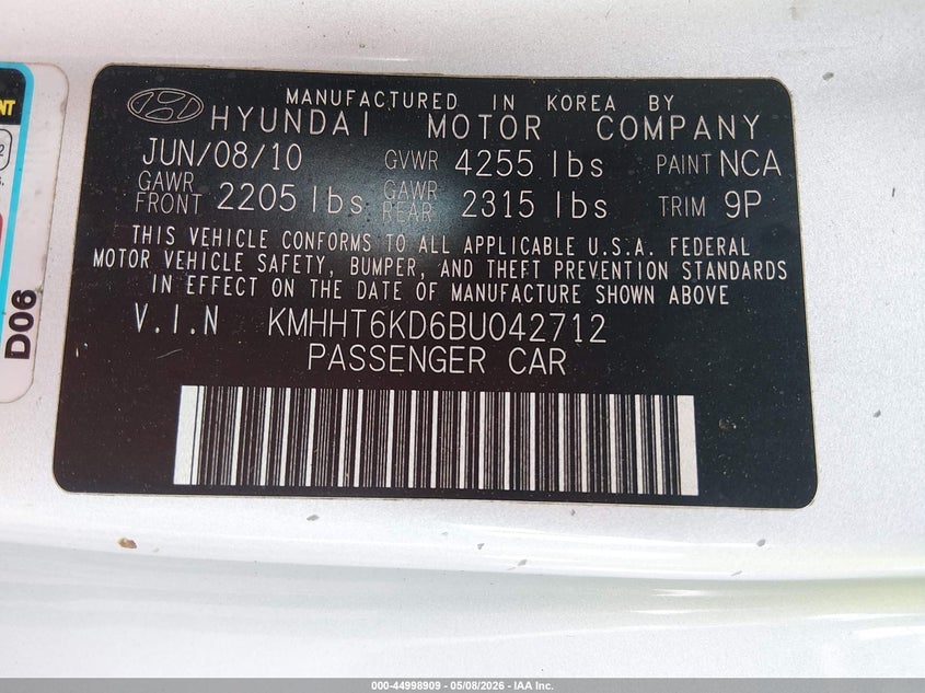 2011 Hyundai Genesis 2.0T VIN: KMHHT6KD6BU042712 Lot: 44998909