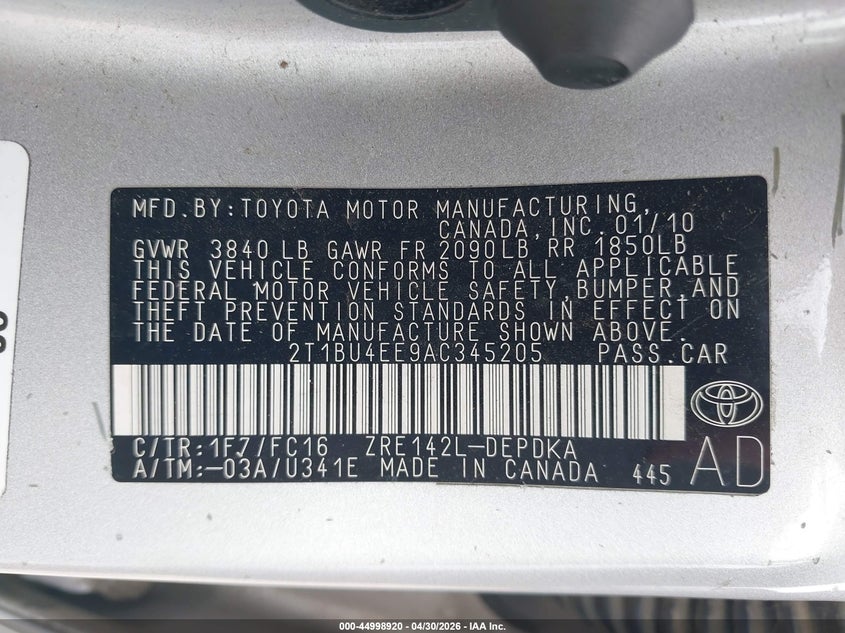 2010 Toyota Corolla 1.8 Le Silver Lot 111044998920 Vin 2T1BU4EE9AC345205