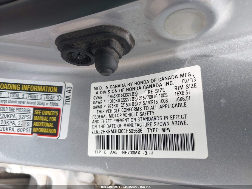 2014 Honda Cr-V Lx VIN: 2HKRM3H30EH505686 Lot: 44998981