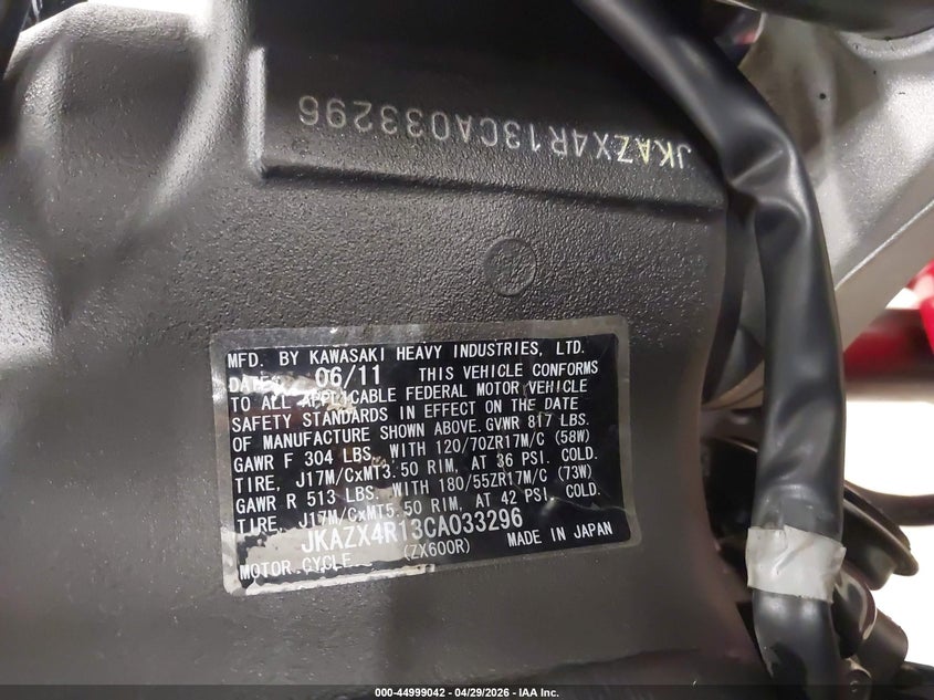 2012 Kawasaki Zx600 R VIN: JKAZX4R13CA033296 Lot: 44999042