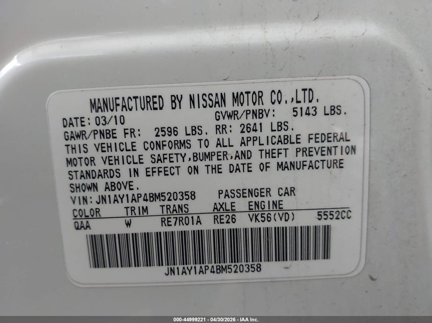 2011 Infiniti M56 VIN: JN1AY1AP4BM520358 Lot: 44999221