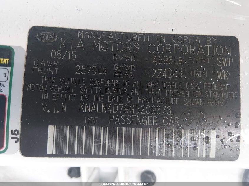 2016 Kia Cadenza Premium VIN: KNALN4D79G5209373 Lot: 44999253