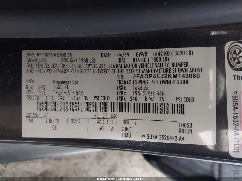2019 FORD FIESTA HATCHBACK 1.6L I-4 DOHC, VVT, 120HP
