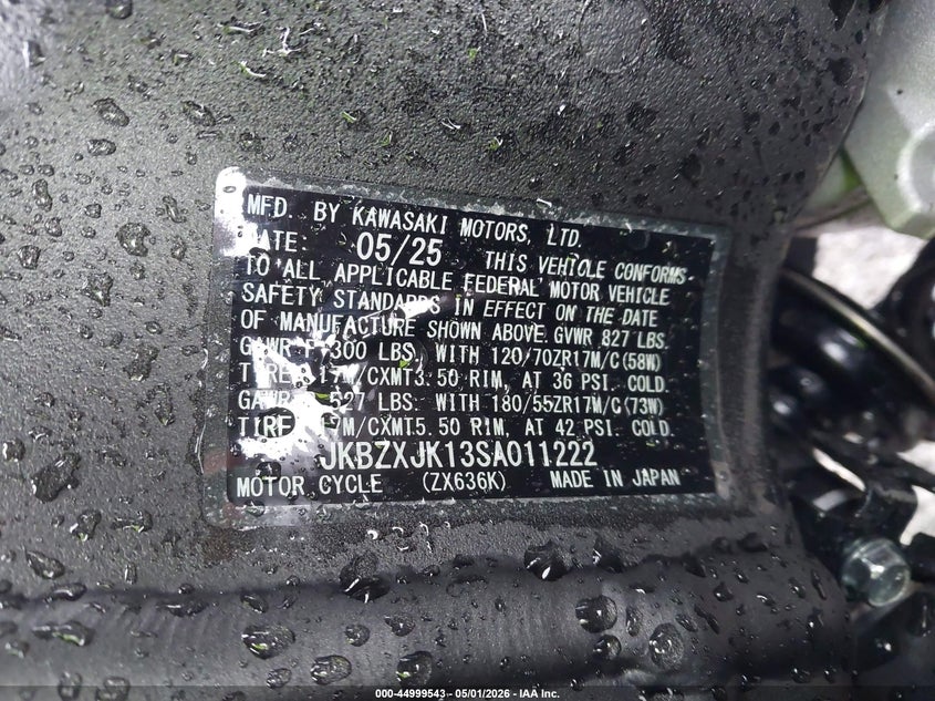 2025 Kawasaki Zx636 K VIN: JKBZXJK13SA011222 Lot: 44999543