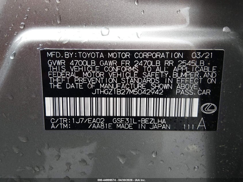 2021 Lexus Is 350 F Sport VIN: JTHGZ1B27M5042942 Lot: 44999574
