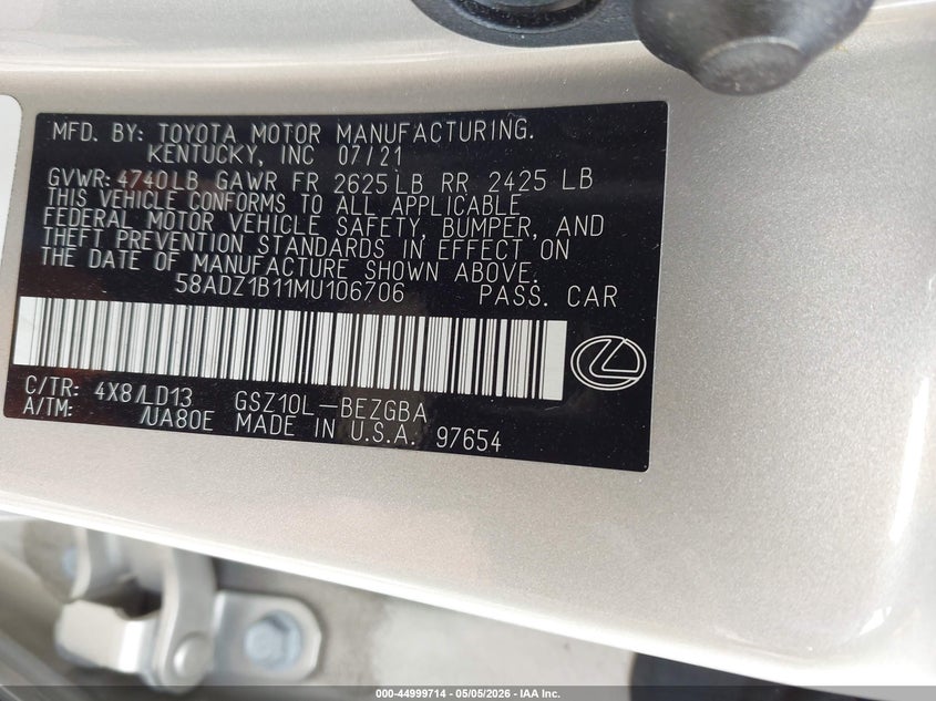 2021 Lexus Es 350 VIN: 58ADZ1B11MU106706 Lot: 44999714