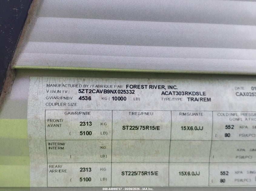 2022 FOREST RIVER OTHER (VIN: 5ZT2CAVB9NX025332
