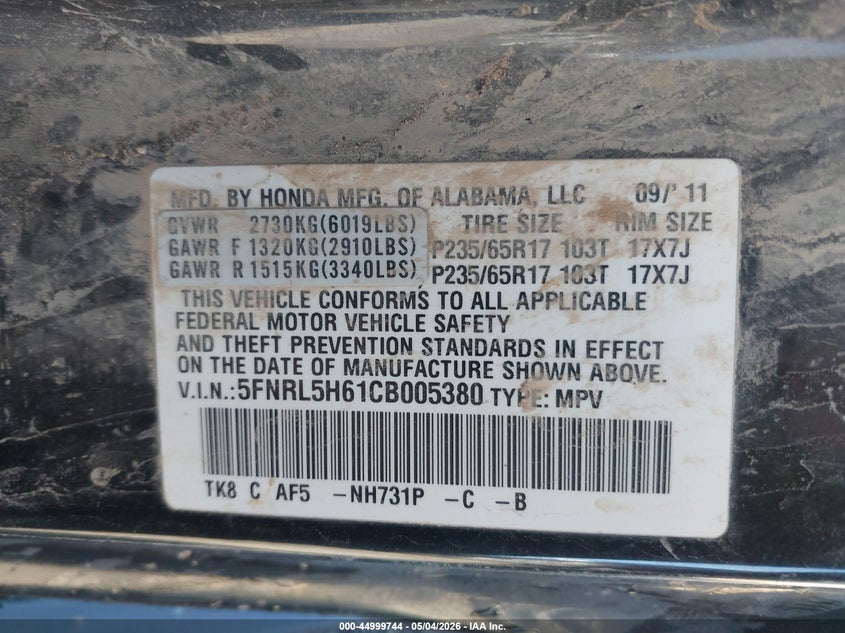 2012 HONDA ODYSSEY VAN 3.5L V-6 VVT, 248HP