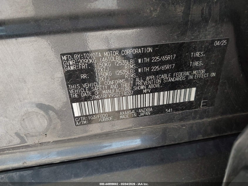 2025 TOYOTA RAV4 2.5L I-4 DI, DOHC, V(VIN: JTMG1RFV9SD114027