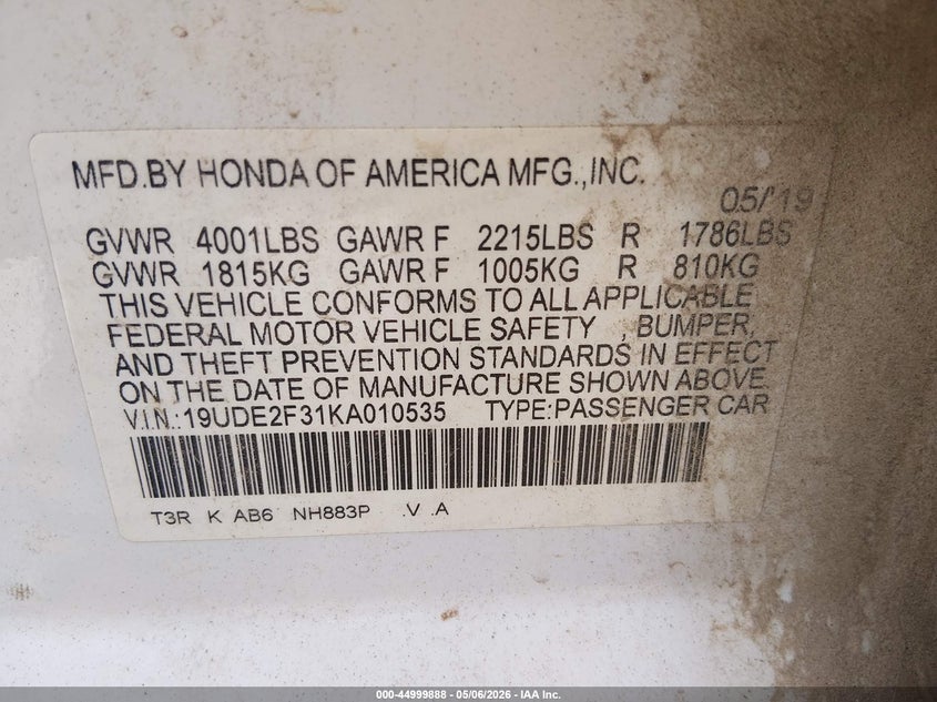 2019 Acura Ilx Standard VIN: 19UDE2F31KA010535 Lot: 44999888